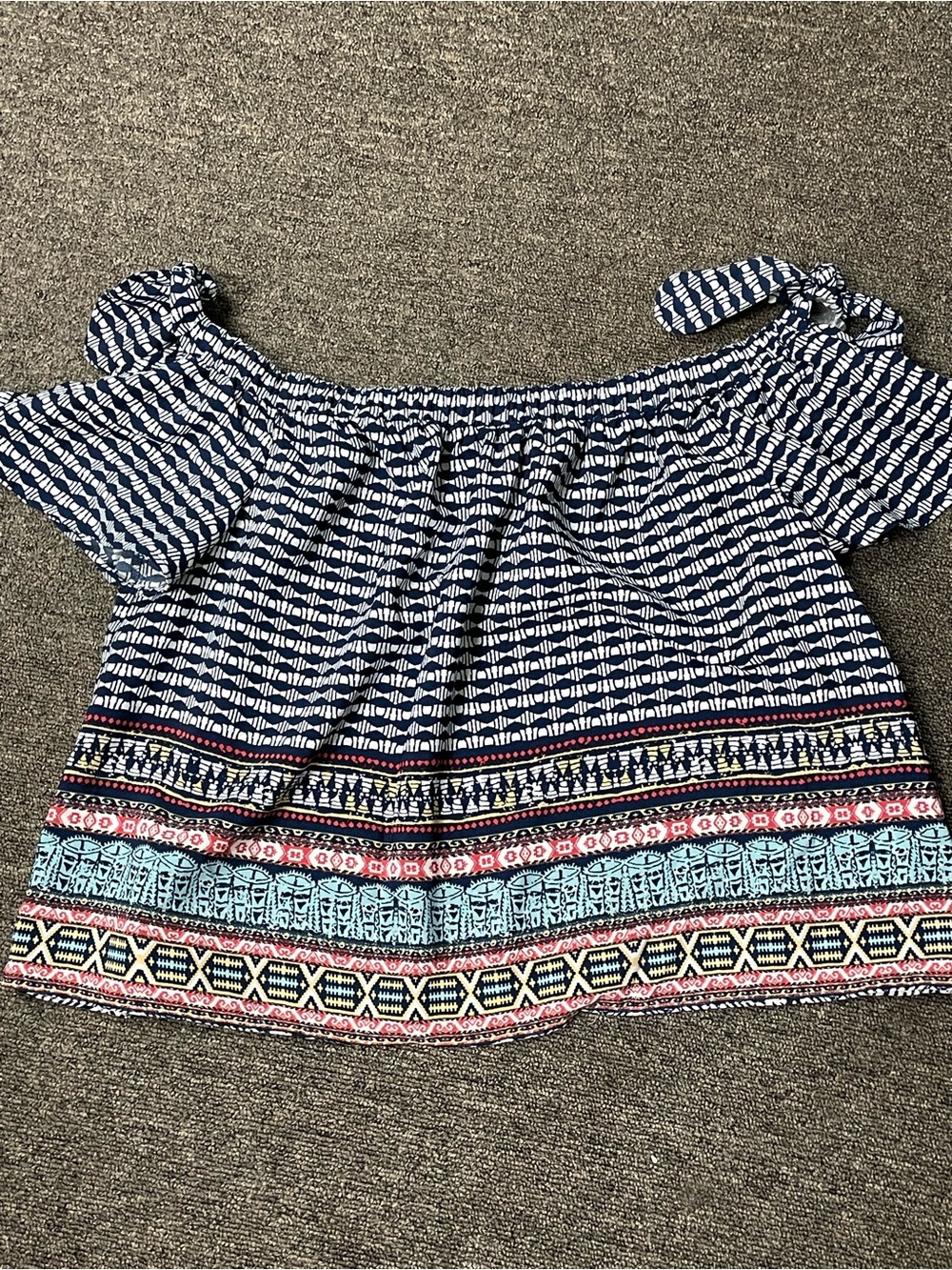 by & by Navy Off-Shoulder Tie-Shoulder Boho Top with Multicolor Border - Picture 3 of 5